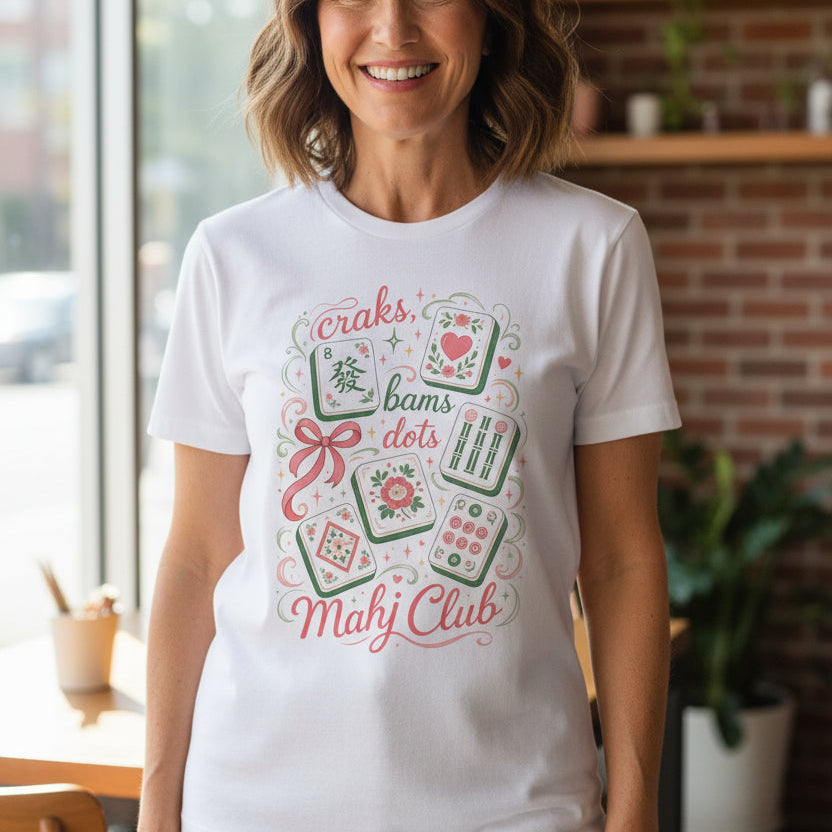 Mahjong Club T-Shirt — Cute Mahjong Tiles Graphic Tee (Crak! Bams Dots)