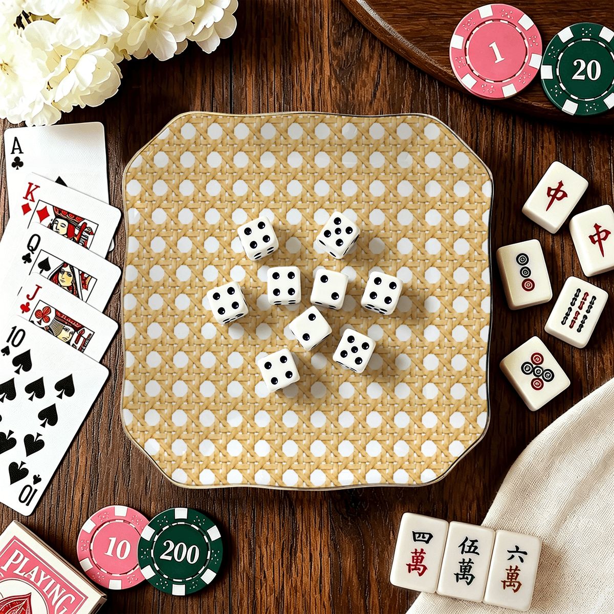 Vintage Cane You Dig It, Scalloped Ceramic Mahjong Dice Tray
