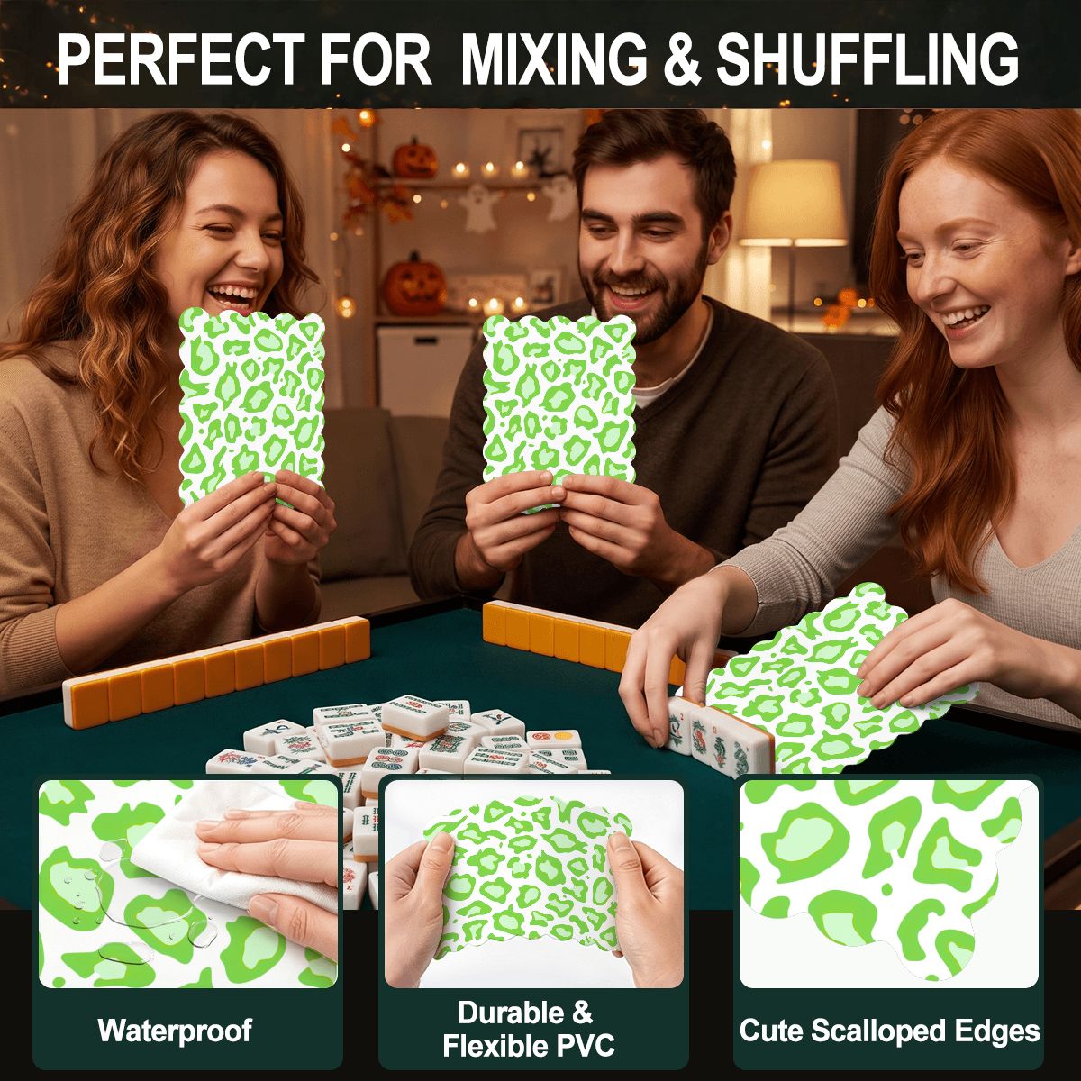 Lime Green Cheetah Print Scalloped Mahjong Shuffler Cards  Set of 4