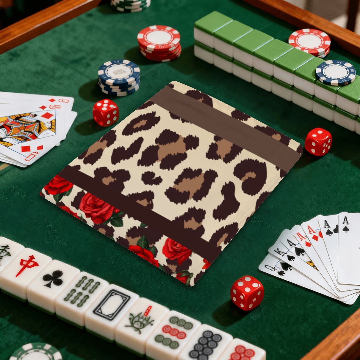 Leopard And Rose Designed 4 Mahjong Card Holder with Line Finder