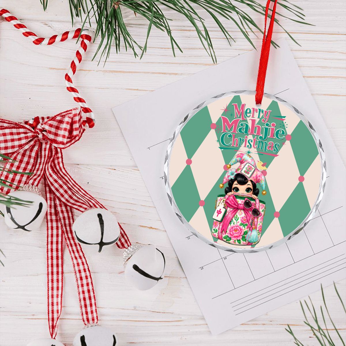 Merry Mahjie Christmas Shopaholic Round Glass Christmas Ornament