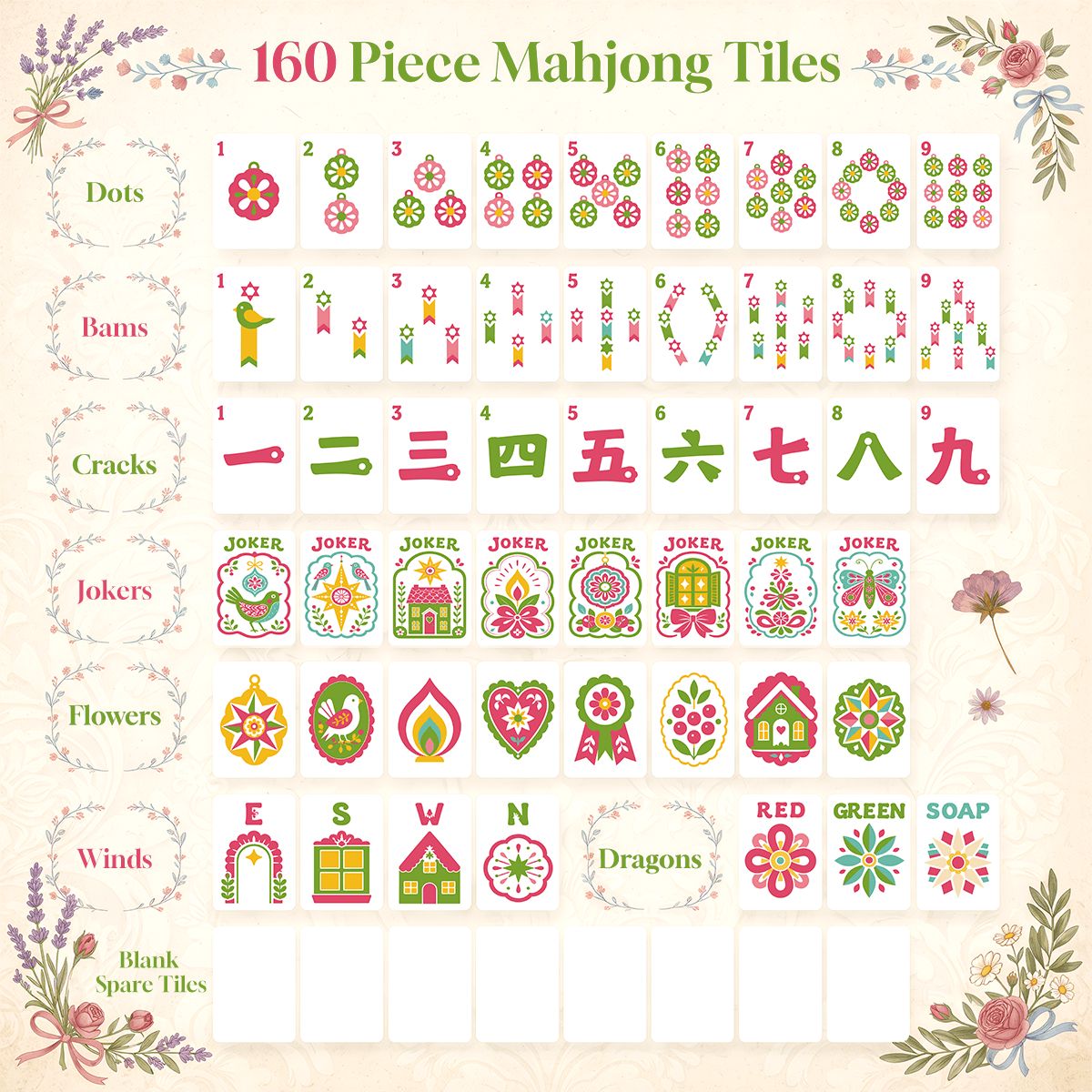 Engraved Christmas Mahjong Tiles Scandi Folk Art With Carry Case