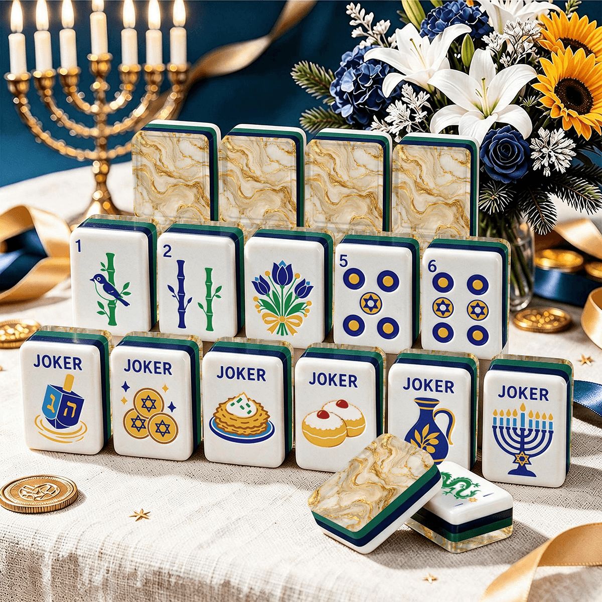 Gold Marbled Glitz Hanukkah Mahjong Tiles And Carry Case - Splash Of Mahj And Color Co.