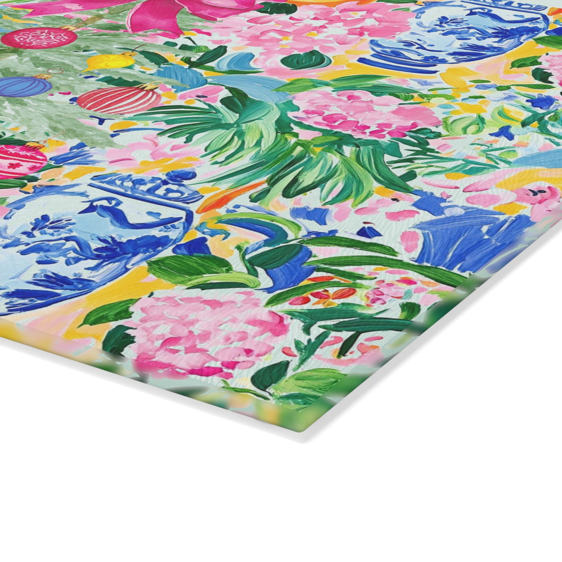Christmas Chinoiserie Floral Festive Floral Glass Cutting Board - Holiday Kitchen Decor - Splash of Color Co.