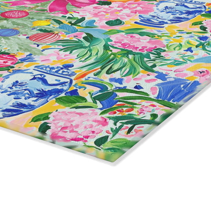Christmas Chinoiserie Floral Festive Floral Glass Cutting Board - Holiday Kitchen Decor - Splash of Color Co.