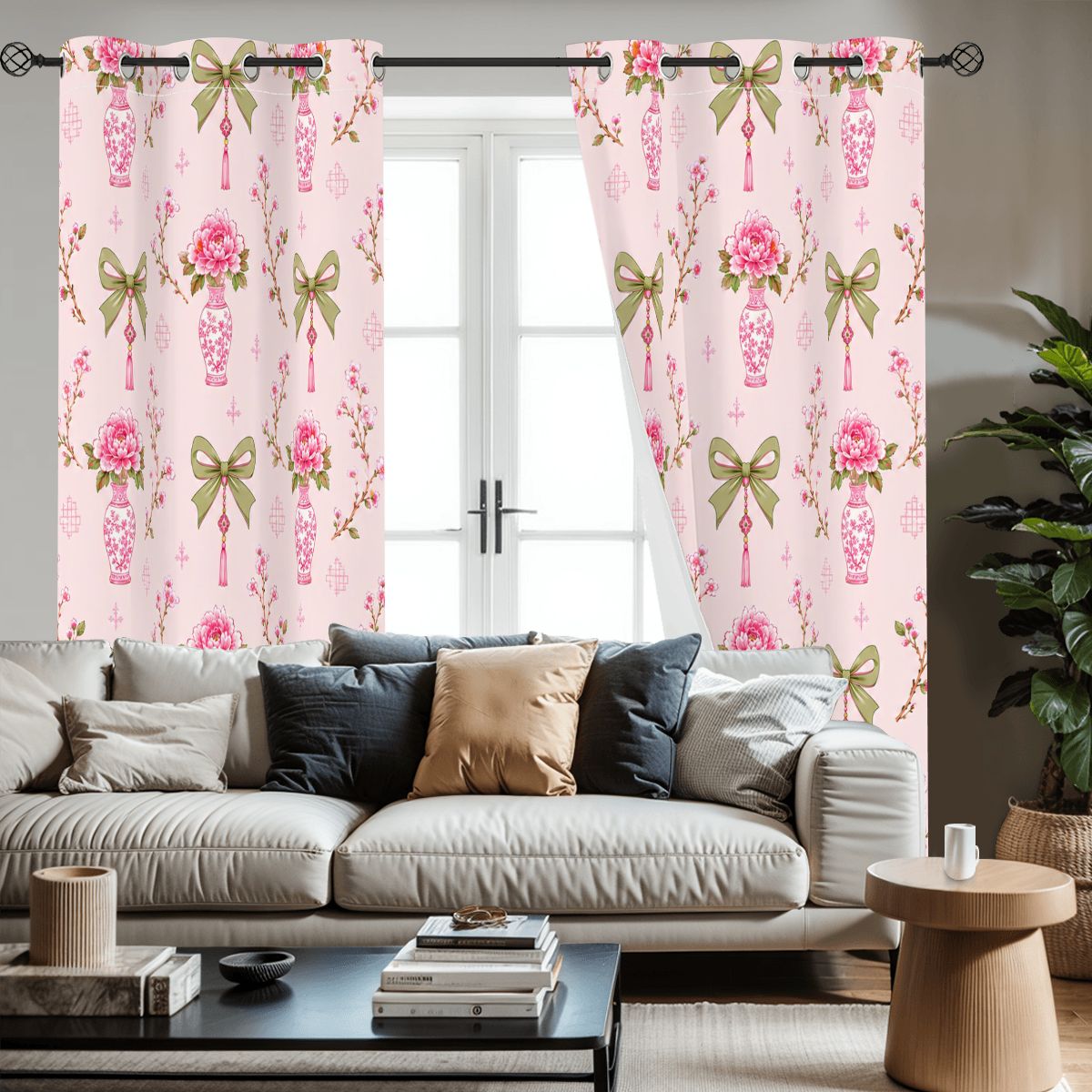 Pink Coquette Chinoiserie Mahjong Room Blackout Curtains