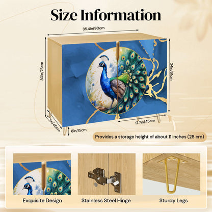 Asian Chinoiserie Golden Gilded Watercolor Peacock Modern Wooden Cabinet - Splash of Color Co.