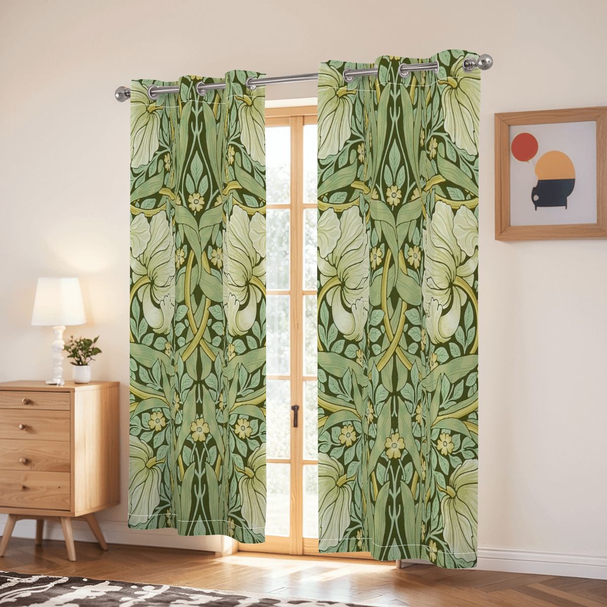 William Morris Inspired Green Floral Vine Blackout Grommet Curtains