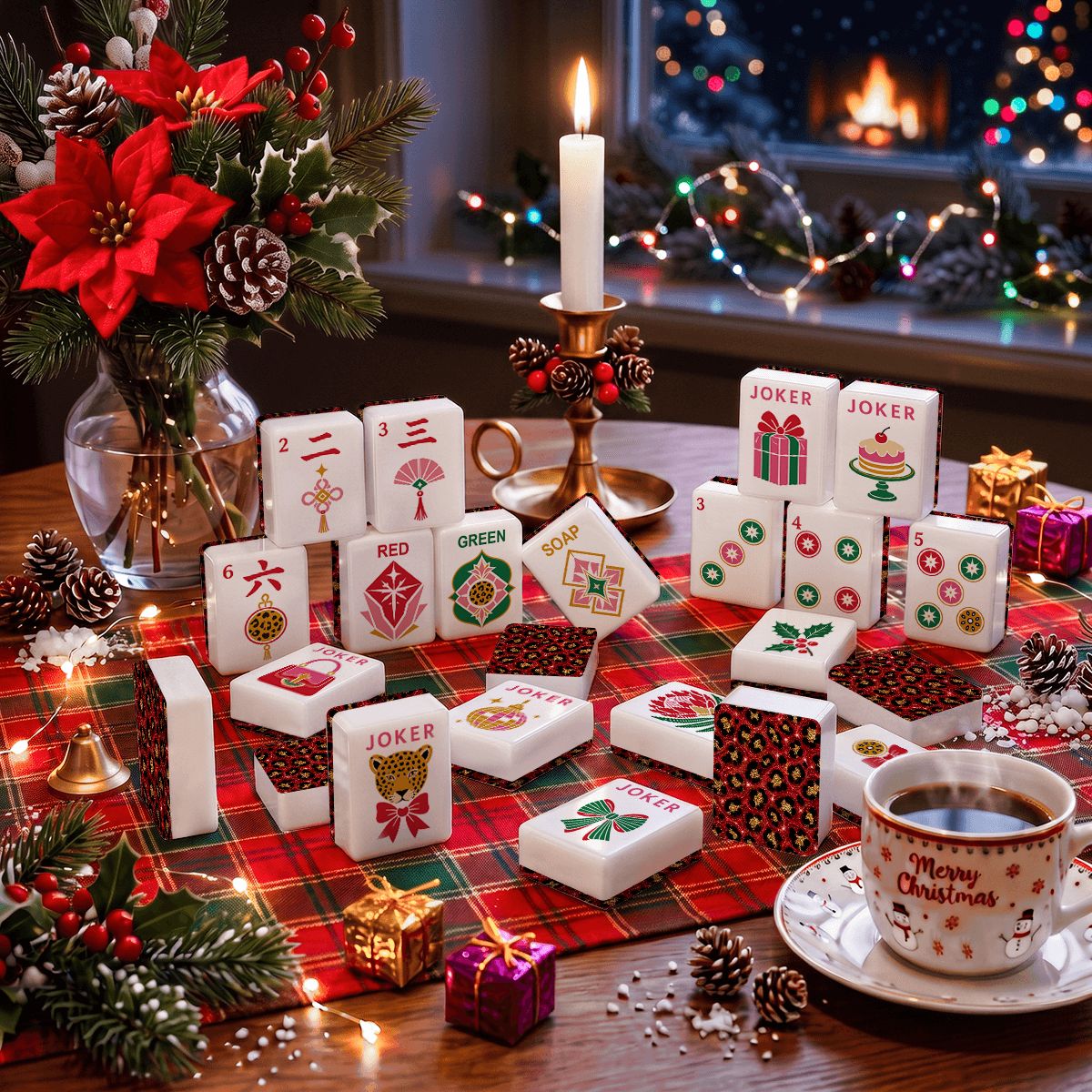 Christmas Blitz And Bling Leopard Print Glam Holiday Christmas Mahjong Tiles And Carry Case - Splash Of Mahj And Color Co.