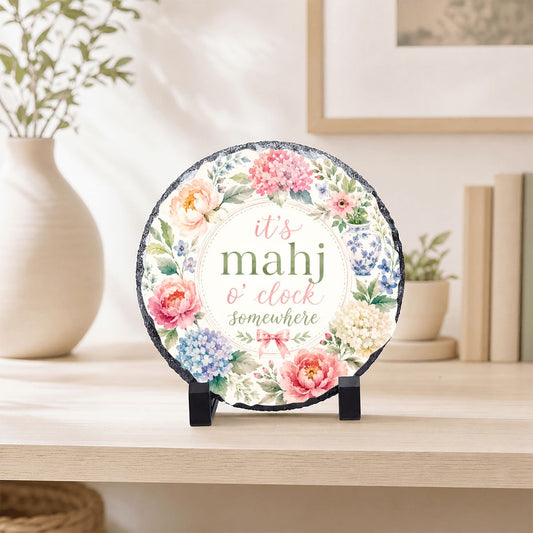 It's Mahj O'Clock Somewhere Round Rock Slate Frame - Splash Of Mahj And Color Co.
