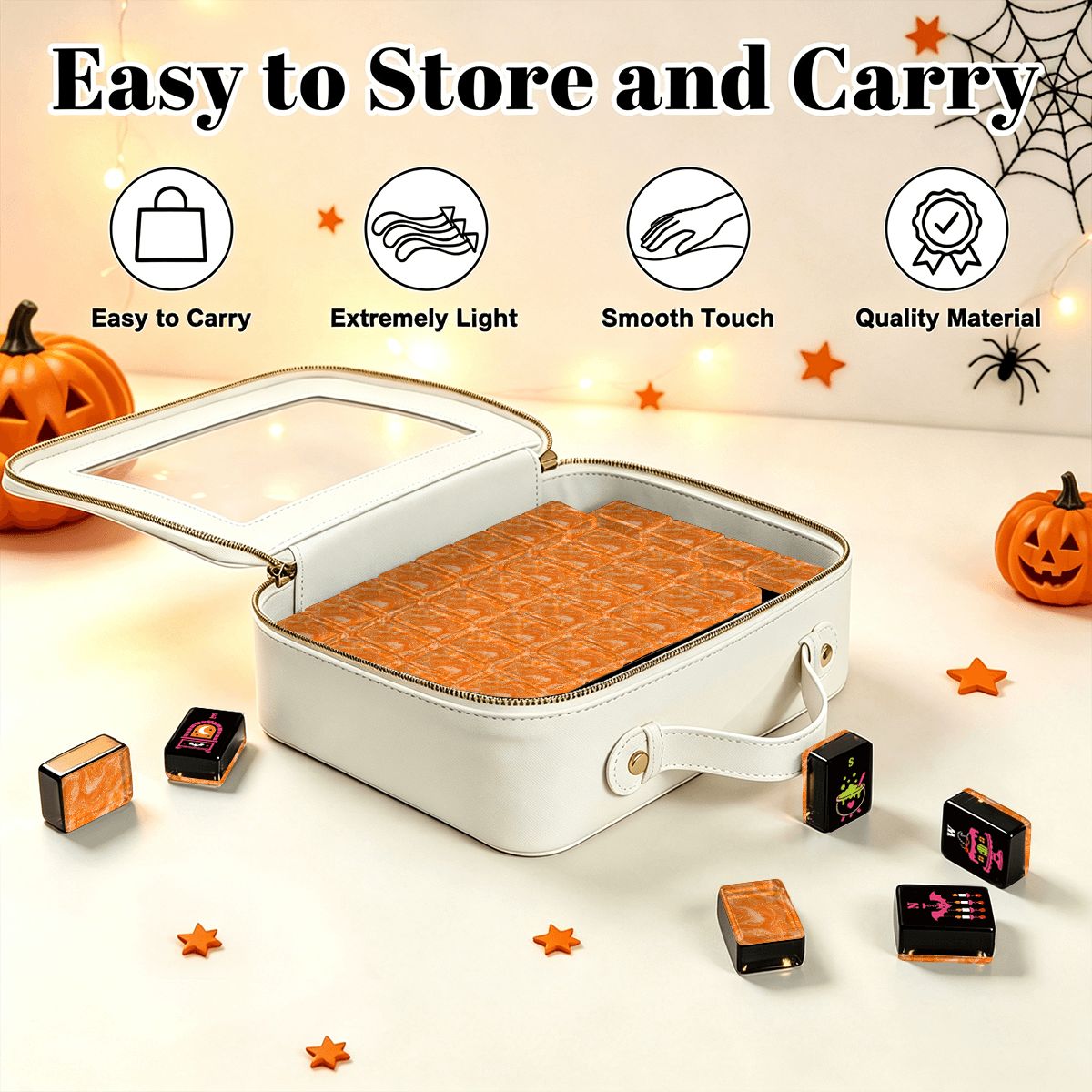 Orange Marbled Gothic Dessert Engraved Halloween Mahjong Tiles And Carry Case - Splash Of Mahj And Color Co.