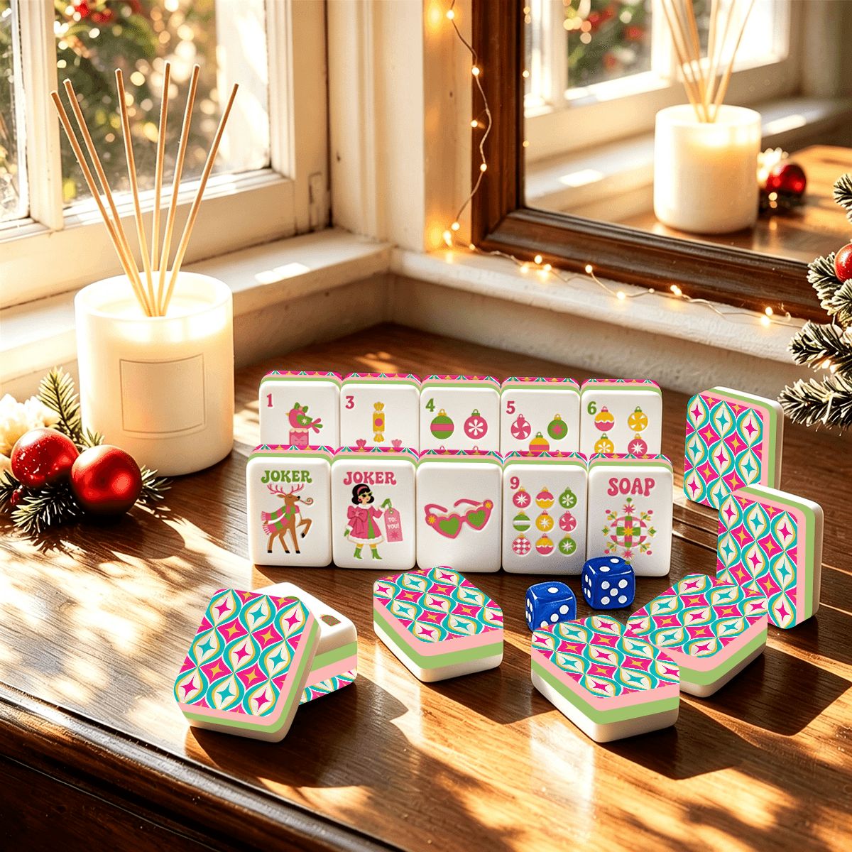 Preppy Modcentric Hot Pink And Aqua  Christmas Mahjong Tiles With Carry Case