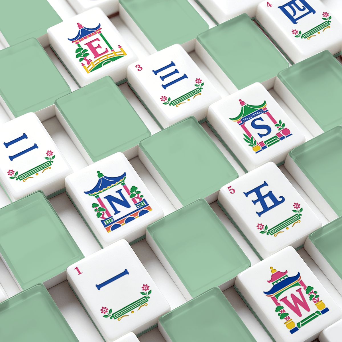 Mint Green Chinoiserie American Mahjong Tiles And Carry Case - Splash Of Mahj And Color Co.