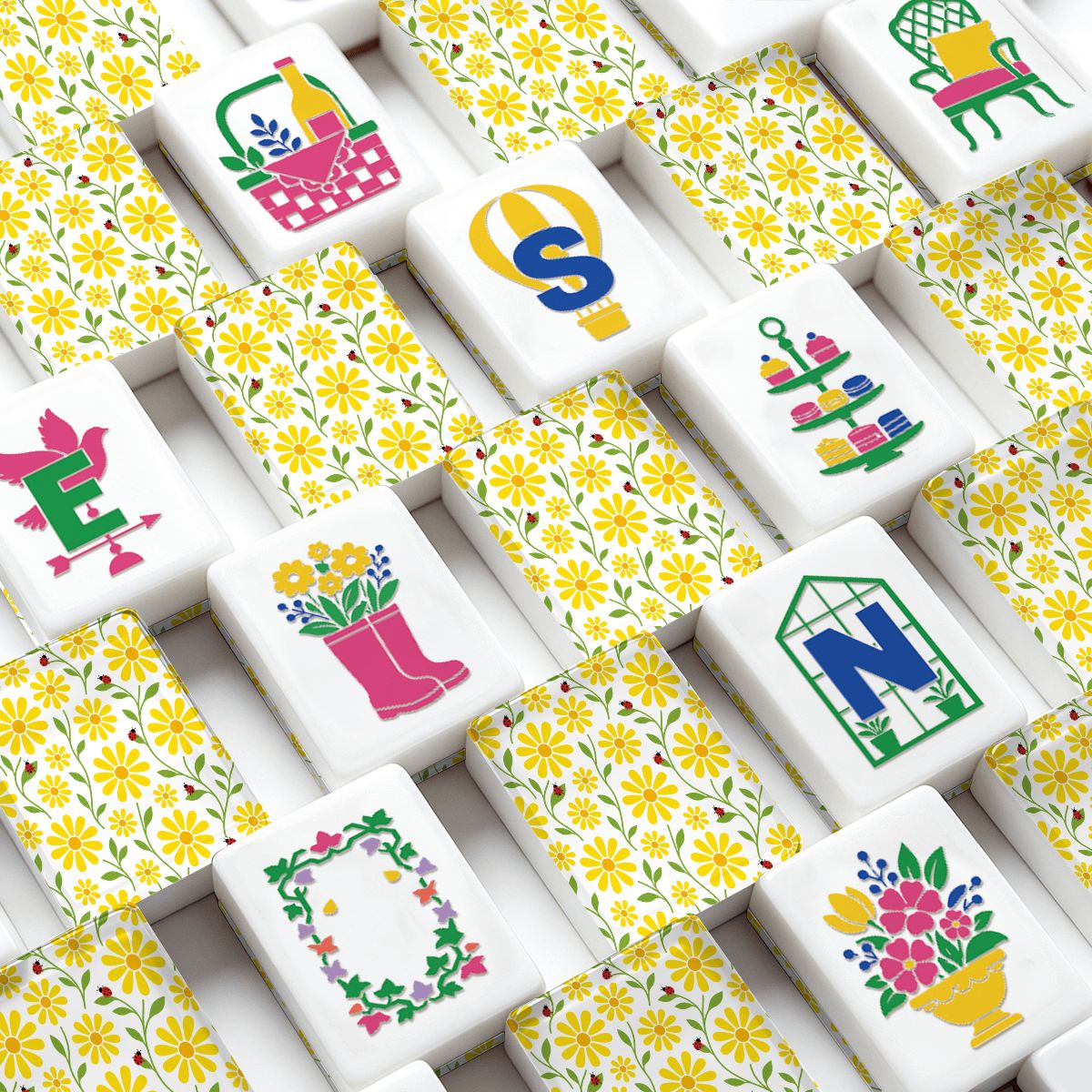 Lady Bug Luck Mod Daisy Flower Mahjong Garden Style Engraved Tiles And Carry Case