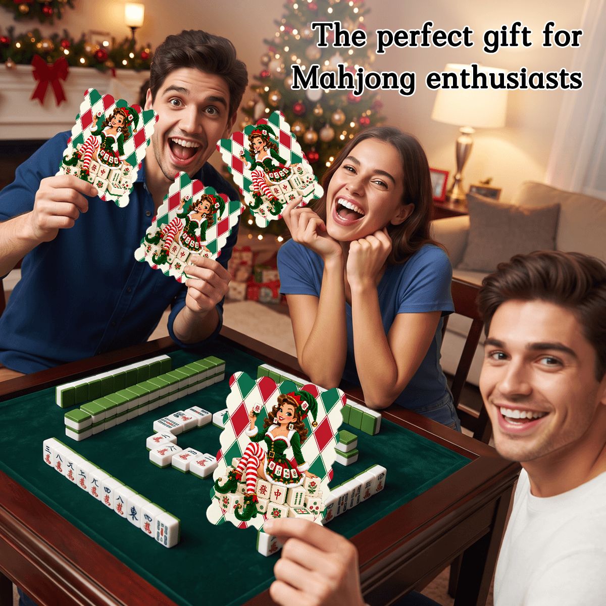 Madge Mahjie's Friend Harlequin Designed Christmas Scalloped Mahjong Shuffler Cards  Set of 4