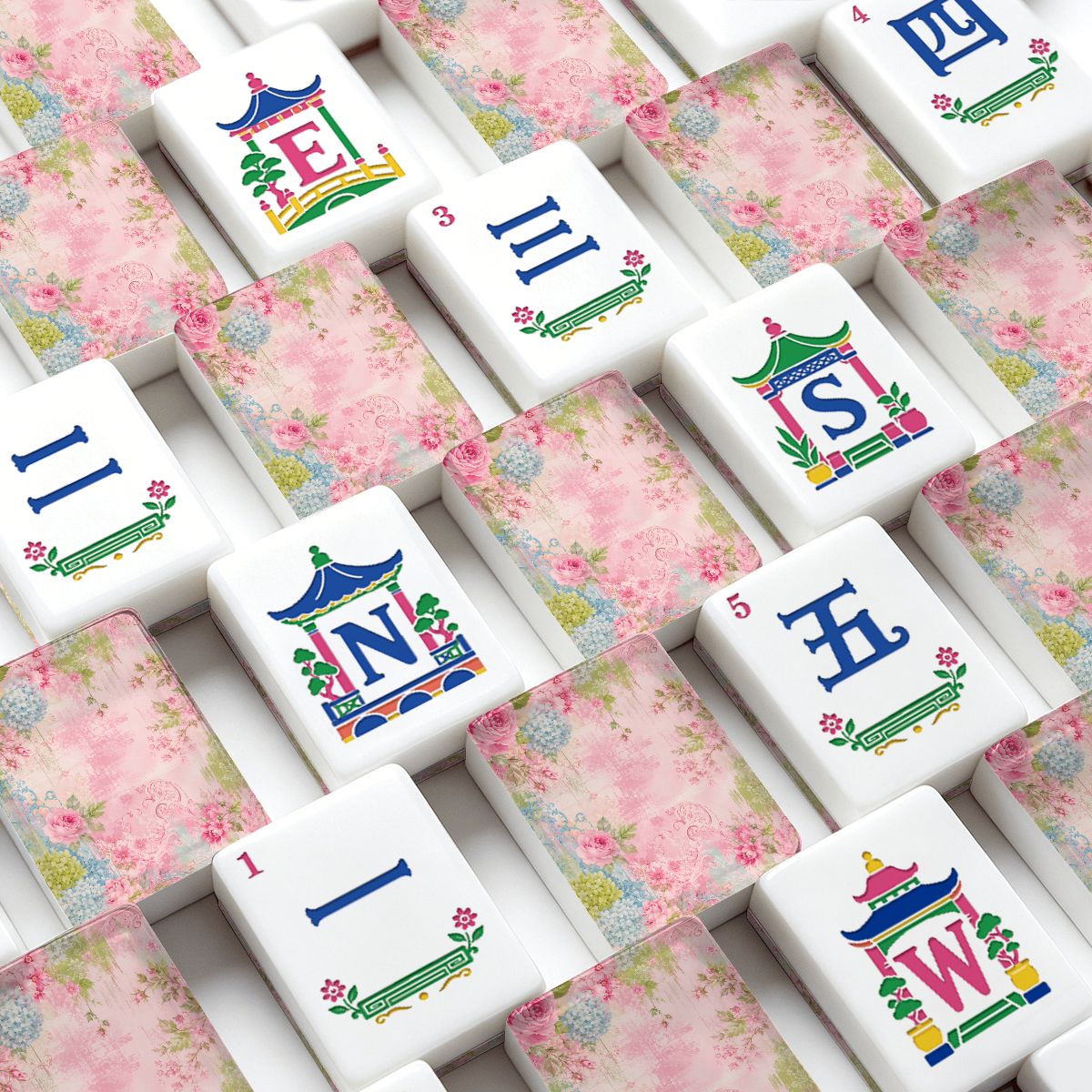 Vintage Shabbylicious Pink Floral Chinoiserie Engraved Mahjong Tiles