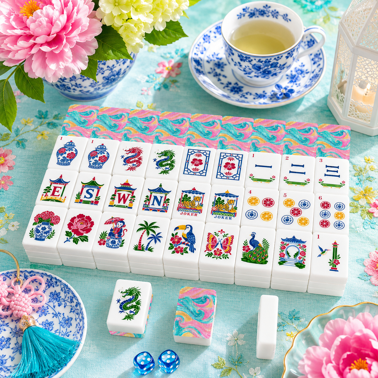 The Tide Is High Chinoiserie Engraved Mahjong Tiles And Carry Case - Splash Of Mahj And Color Co.