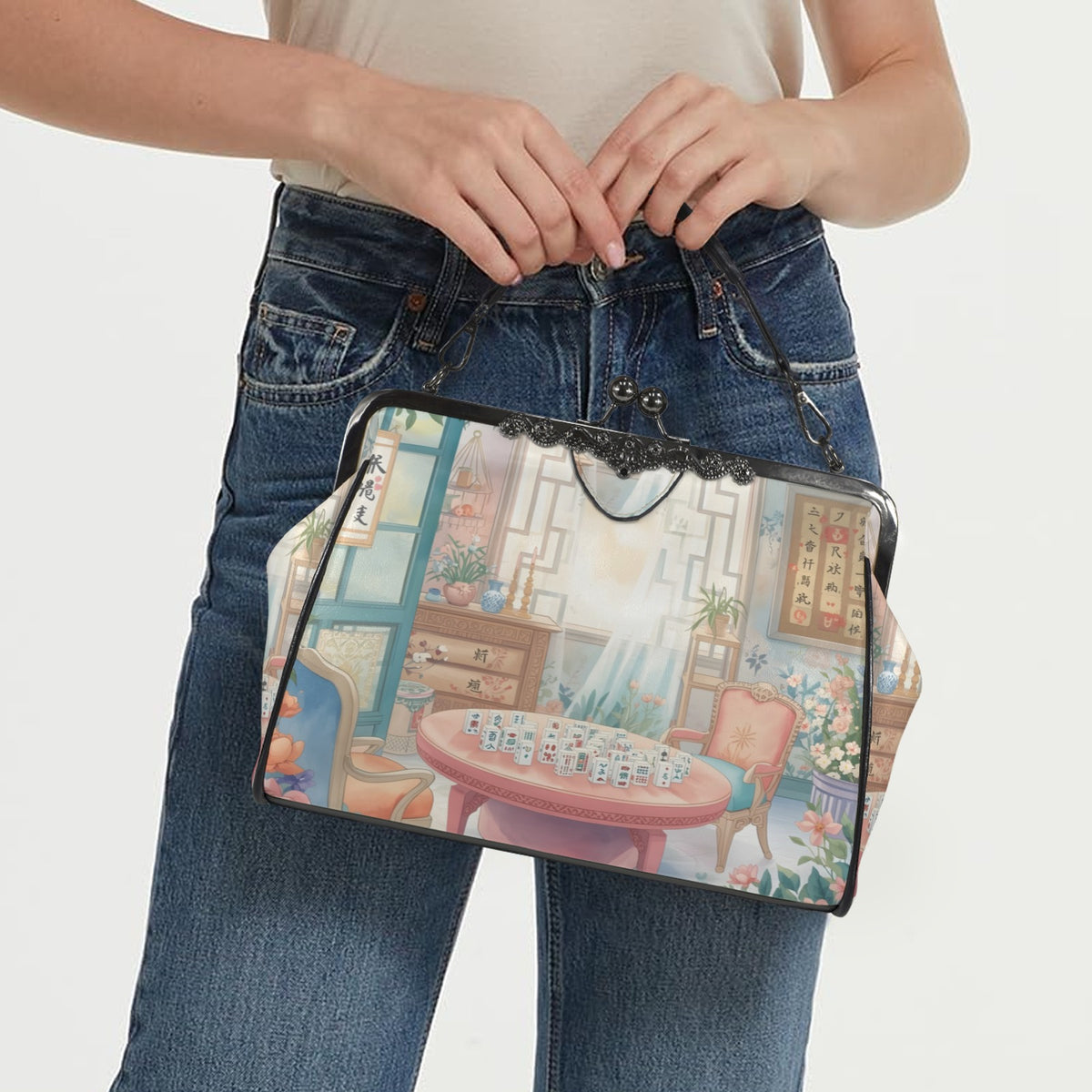 Mahjong Tea Room Vintage Watercolor Kisslock Purse - Splash of Color Co.
