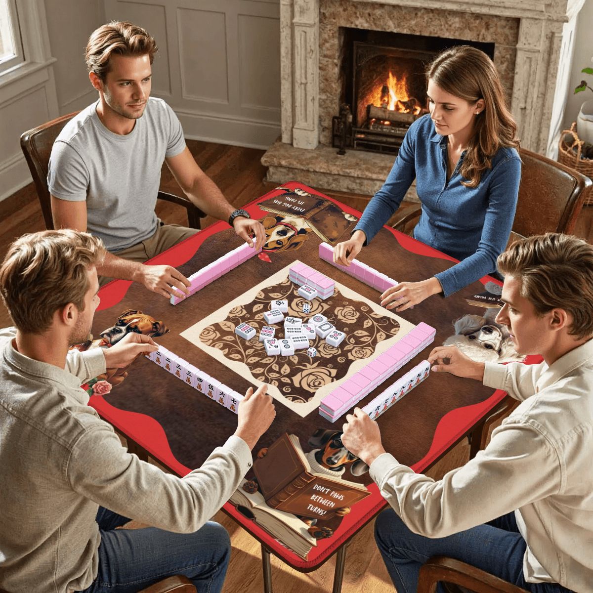 Mahjong Mat, Dogs And Mahjong Funny Preppy Book Dogs, Faux Leather Background Mahj Mat