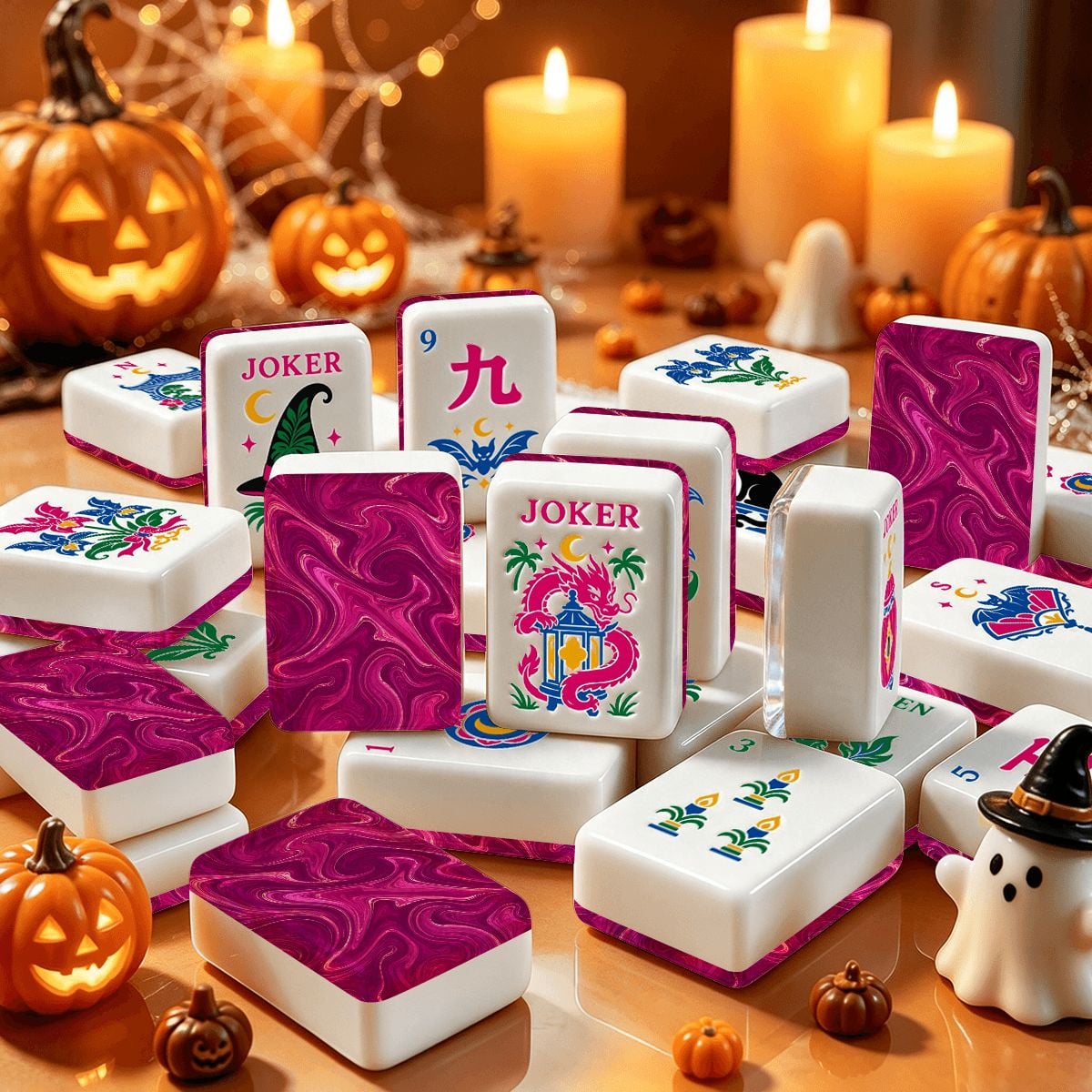 Marbled Hot Pink Dragon's Coven Halloween Mahjong Tiles With Carry Case - Splash Of Mahj And Color Co.