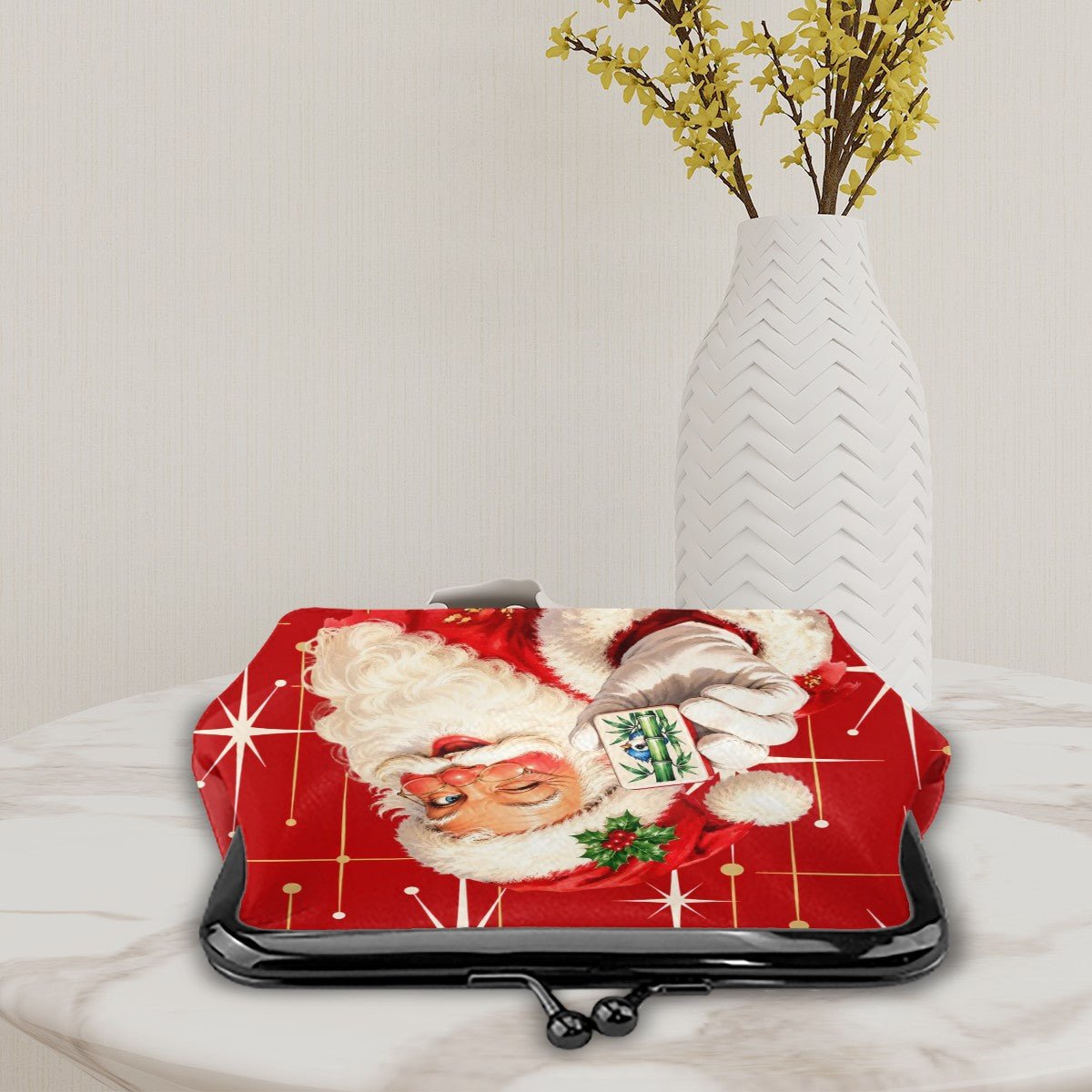 Nostalgic Vintage Santa Holiday Red Whimsical Women's Leather Kiss Lock Coin Purse - Splash Of Mahj And Color Co.