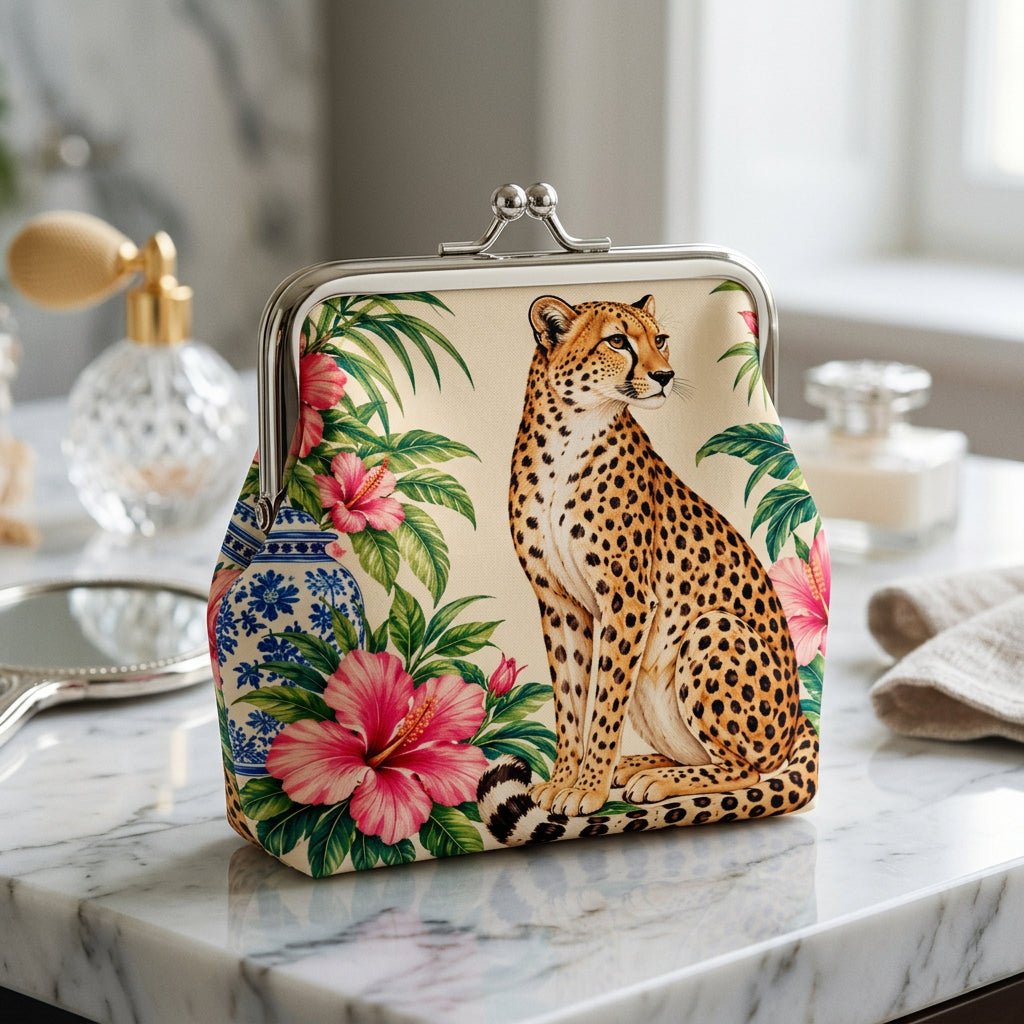 Chinoiserie Leopard Wild Things Women's Leather Kiss Lock Coin Purse - Splash Of Mahj And Color Co.