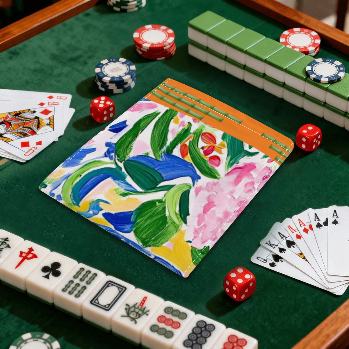 4 Mahjong Card Holder with Line Finder Chinoiserie Floral Blue Orange Design - Splash of Color Co.