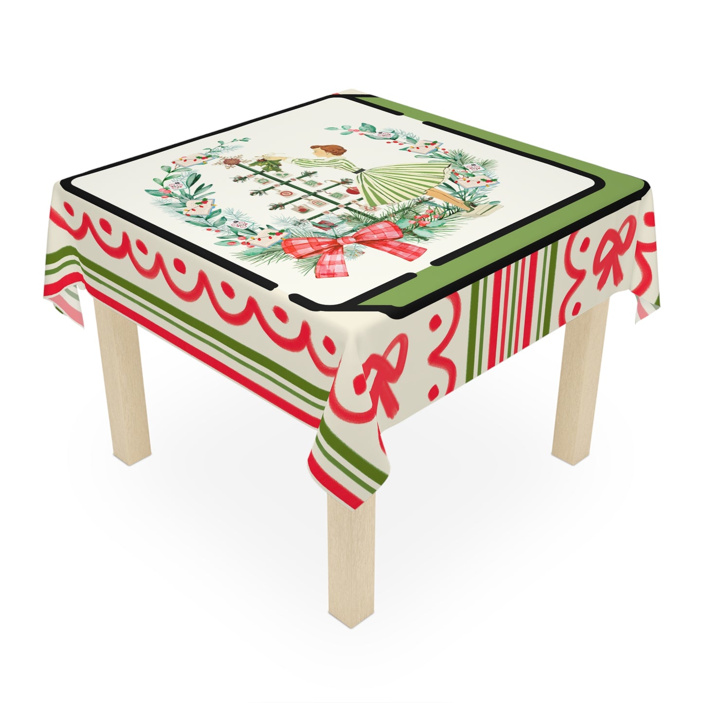 Vintage Girl Mahjong Christmas Tablecloth - Whimsical Holiday Stripe & Wreath Table Cover - Splash of Color Co.
