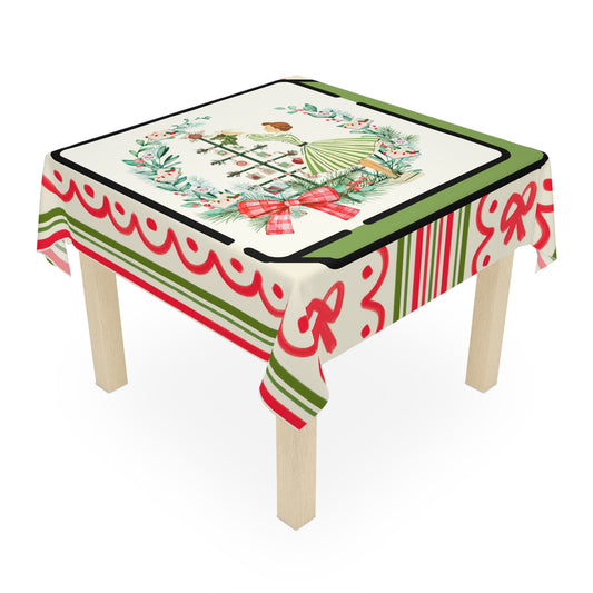 Vintage Girl Mahjong Christmas Tablecloth - Whimsical Holiday Stripe & Wreath Table Cover - Splash of Color Co.