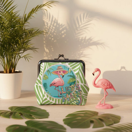 Let's Mahj Fluzy Flamingo Women's Leather Kiss Lock Coin Purse - Splash Of Mahj And Color Co.