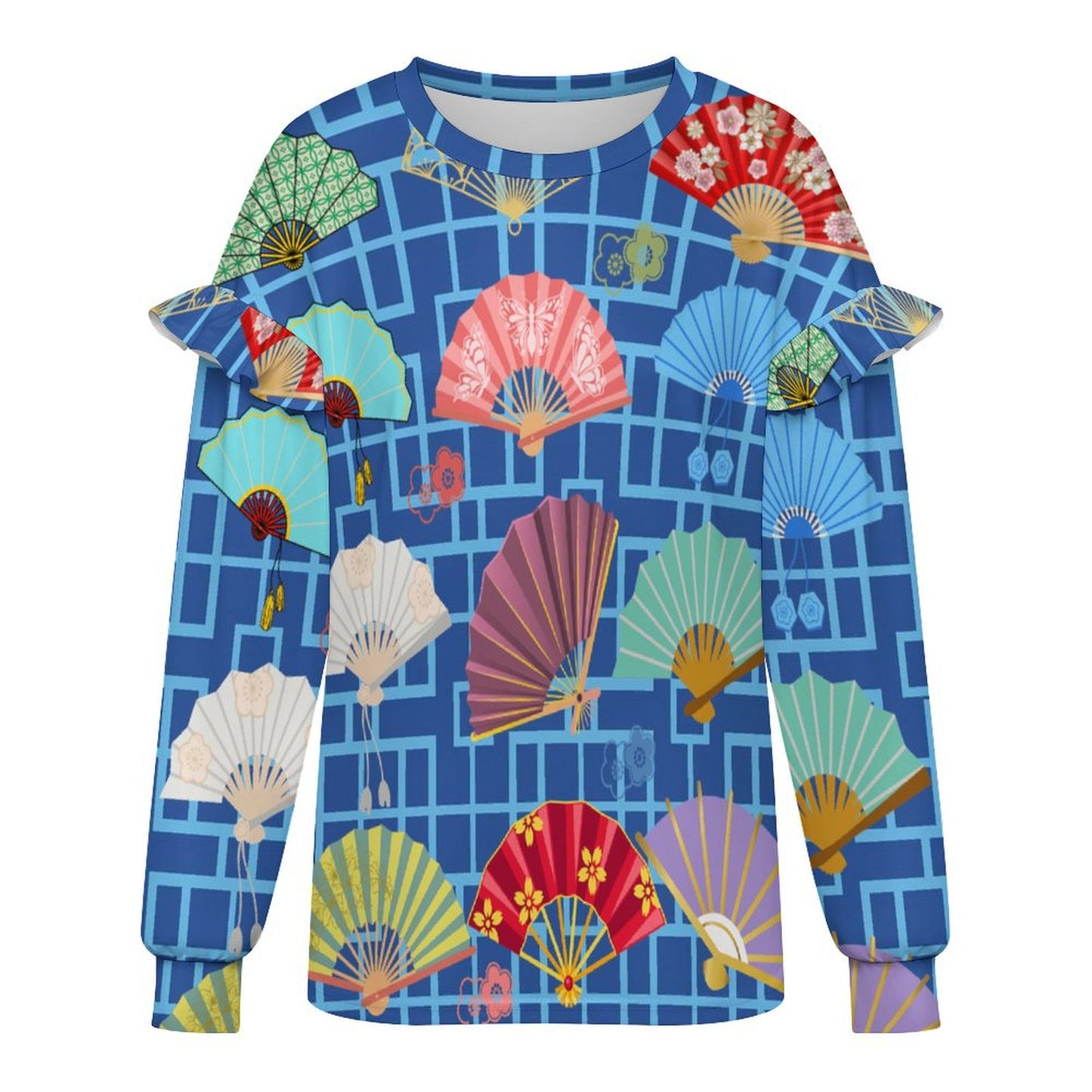 Preppy Mahjong Blue Asian Fan Design Women’s Lightweight Ruffle Shoulder Sweatshirt - Splash of Color Co.