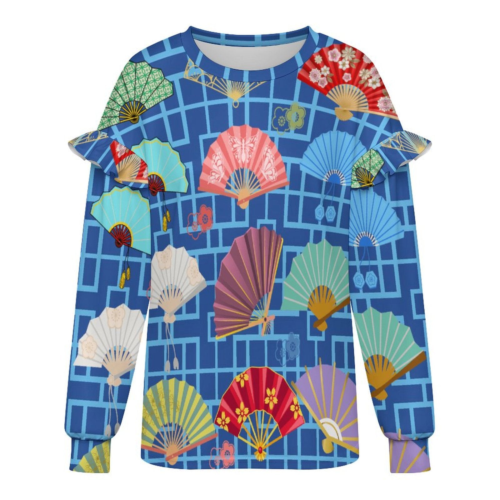 Preppy Mahjong Blue Asian Fan Design Women’s Lightweight Ruffle Shoulder Sweatshirt - Splash of Color Co.