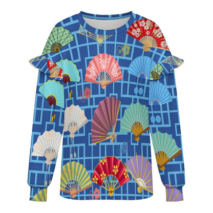 Preppy Mahjong Blue Asian Fan Design Women’s Lightweight Ruffle Shoulder Sweatshirt - Splash of Color Co.