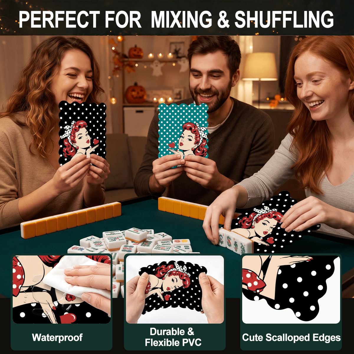 Black and Teal Polka Dot Nostalgic Scalloped Mahjong Shuffler Cards  Set of 4