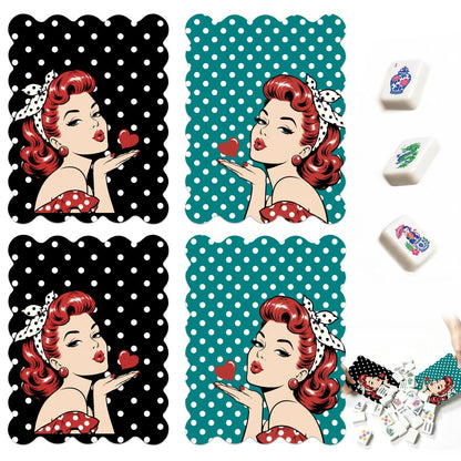 Black and Teal Polka Dot Nostalgic Scalloped Mahjong Shuffler Cards  Set of 4