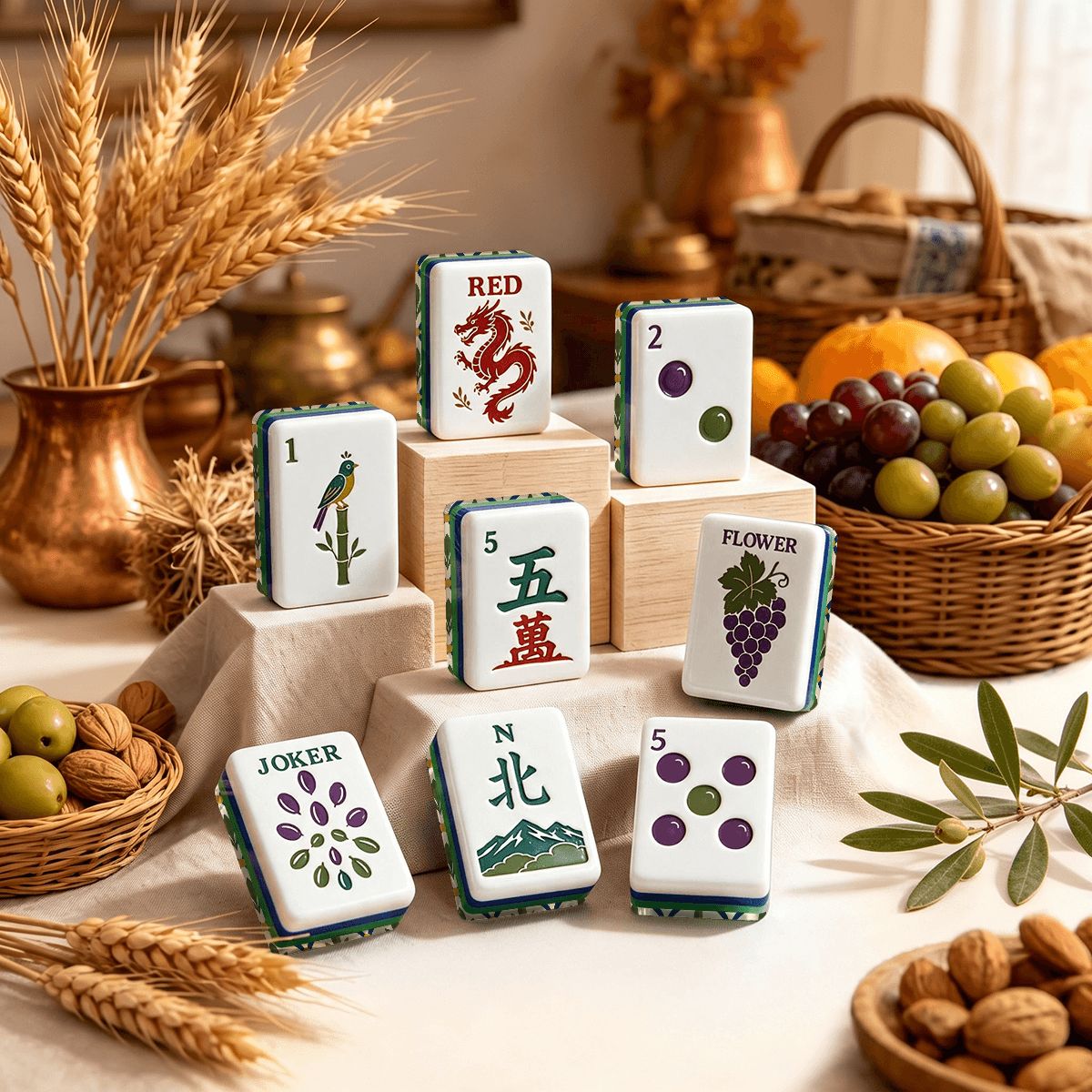 Mediterranean Olive Green Tuscan Botanical American Mahjong Tiles And Carry Case - Splash Of Mahj And Color Co.