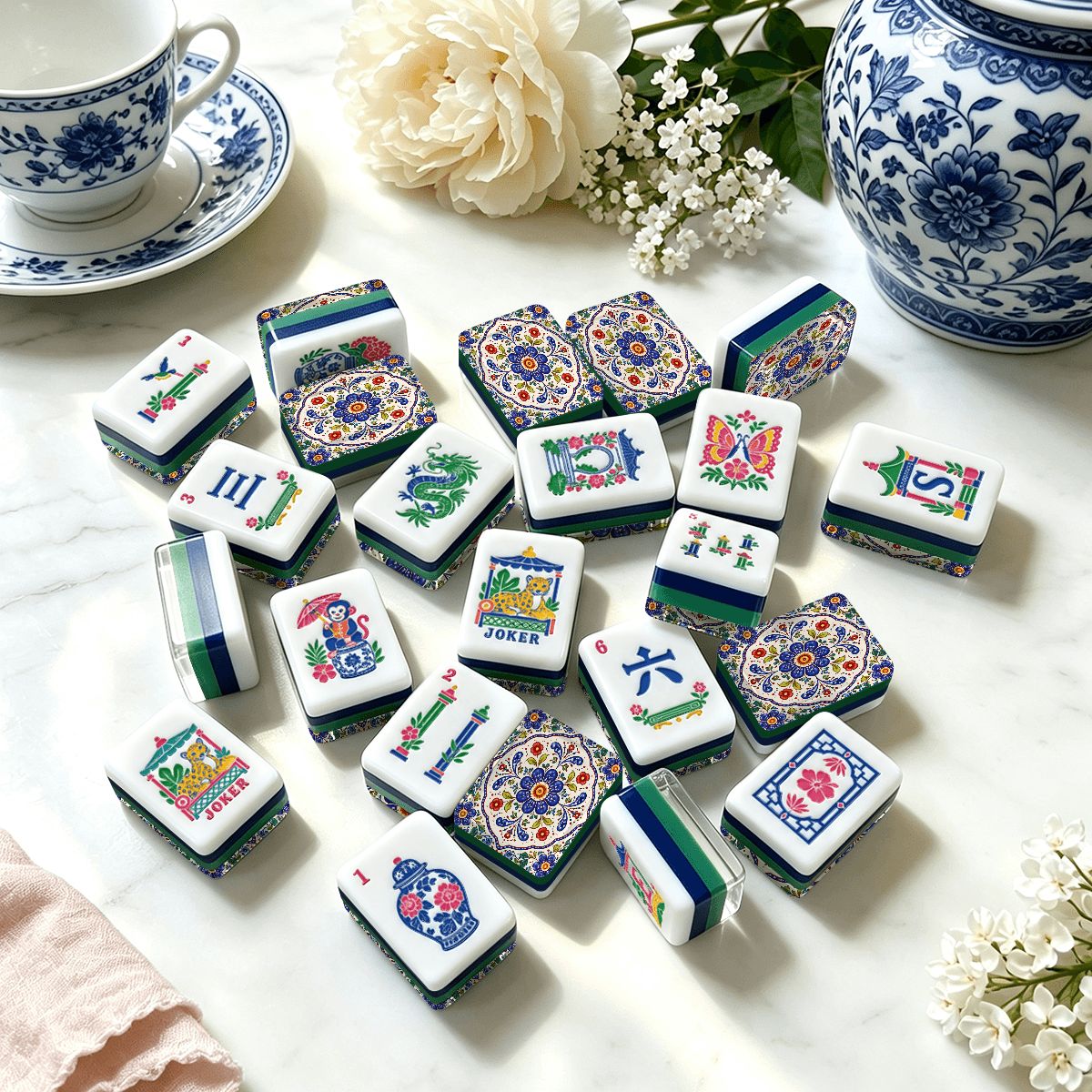 Blue Polish Pottery Porcelain Chinoiserie Chic American Mahjong Tiles And Carry Case