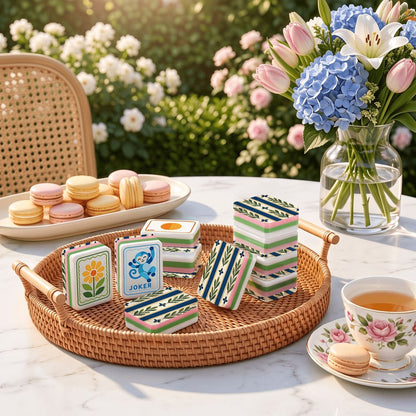Modern Floral Green And Blue Folk American Mahjong Tiles  4 Layer And Carry Case