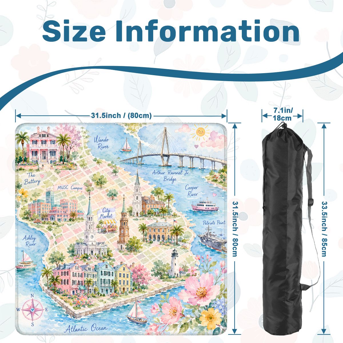 Charleston South Carolina Map And Landmarks Watercolor Pastel Mahjong Mat