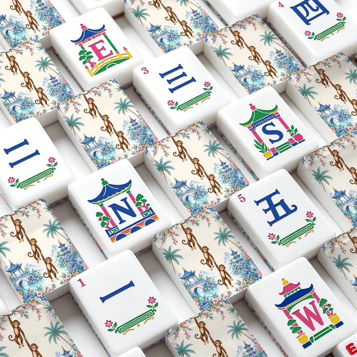 Monkey See Monkey Do, Pastel Chinoiserie American Mahjong Tiles And Carry Case