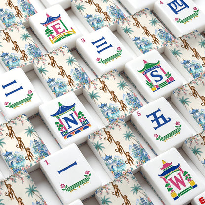 Monkey See Monkey Do, Pastel Chinoiserie American Mahjong Tiles And Carry Case