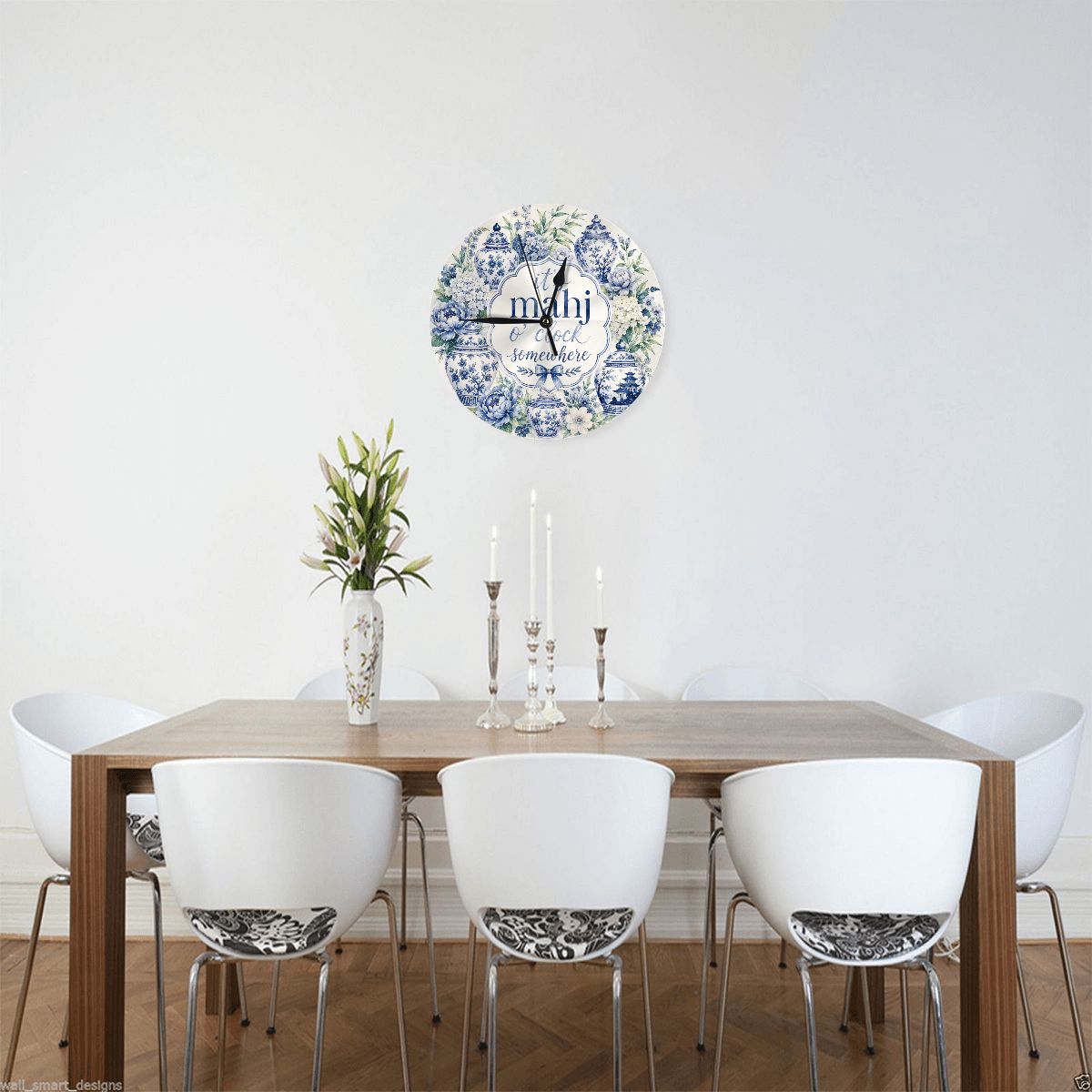 It's Mahj O'Clock Somewhere, Ginger Jar Floral Blue Chinoiserie Wall Or Desk Clock Including Stand