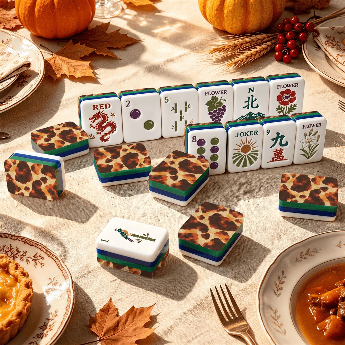 Tortoise Patterned Earthy Botanical American Mahjong Tiles With Carry Case - Splash Of Mahj And Color Co.