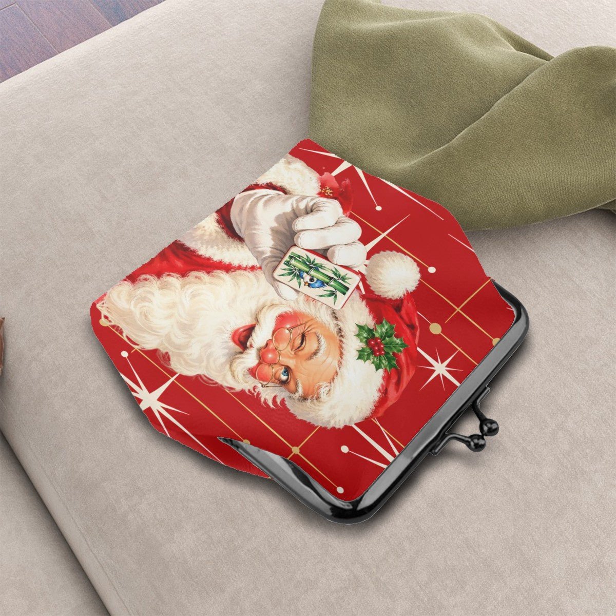 Nostalgic Vintage Santa Holiday Red Whimsical Women's Leather Kiss Lock Coin Purse - Splash Of Mahj And Color Co.