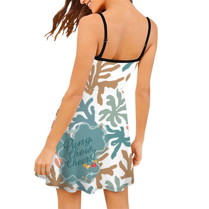 Coral Reef Pung Chow Cheers Mahjong Short Spaghetti Strap A - Line Dress - Splash of Color Co.