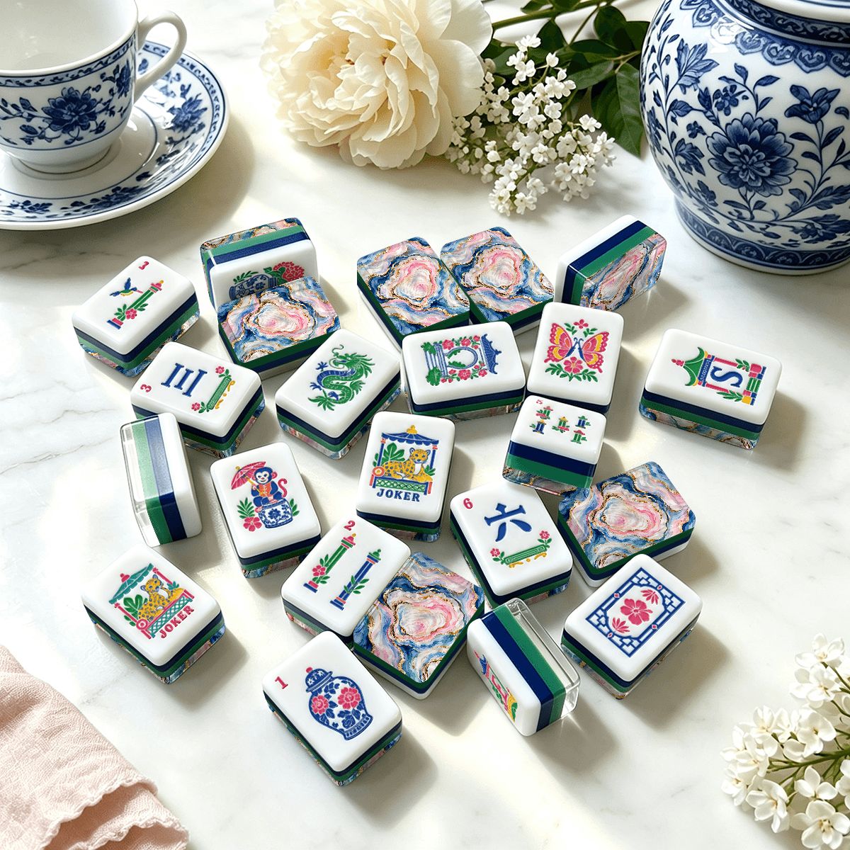 Pearls of the Mahj Sea Chinoiserie Chic American Mahjong Tiles And Carry Case - Splash Of Mahj And Color Co.