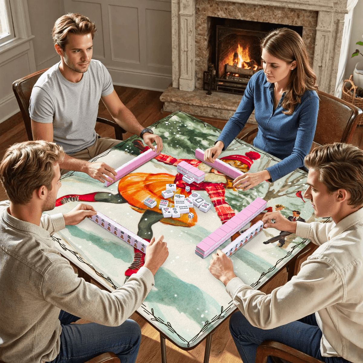 Vintage Holiday Card Iceskating Winter Wonder Land Mahjong Mat - Splash Of Mahj And Color Co.