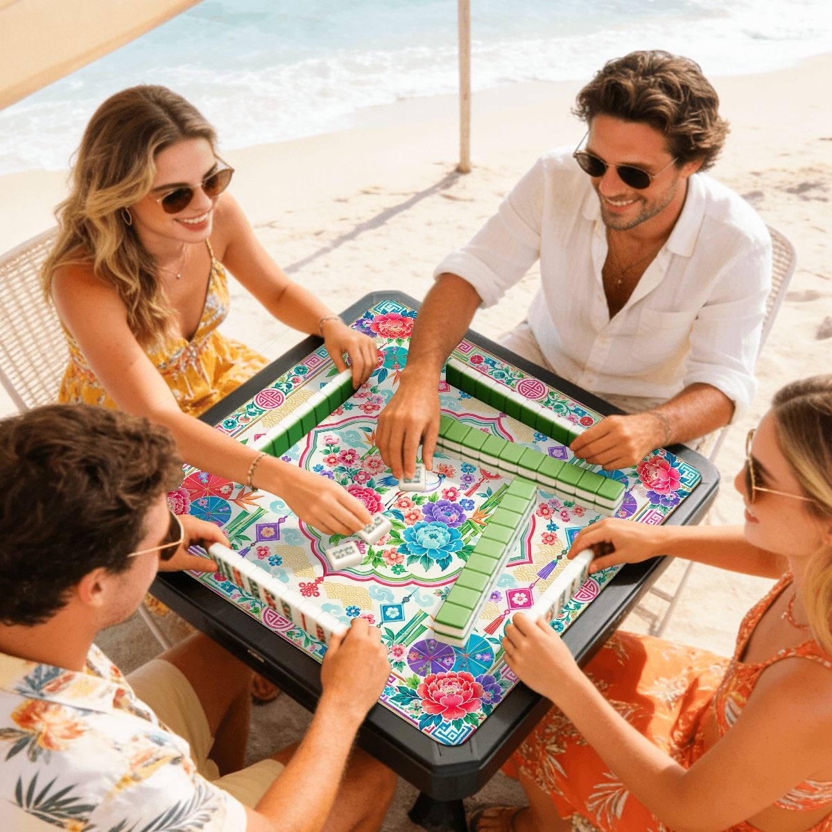 Peony And Parasols Custom Mini Mahjong Mat 20.9"x20.9" - Splash Of Mahj And Color Co.