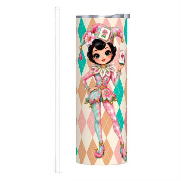 Mahjie The Mascot Whimsical Harlequin Mahjong Lover 20oz Straight Stainless Steel Tumbler with Straw - Splash Of Mahj And Color Co.