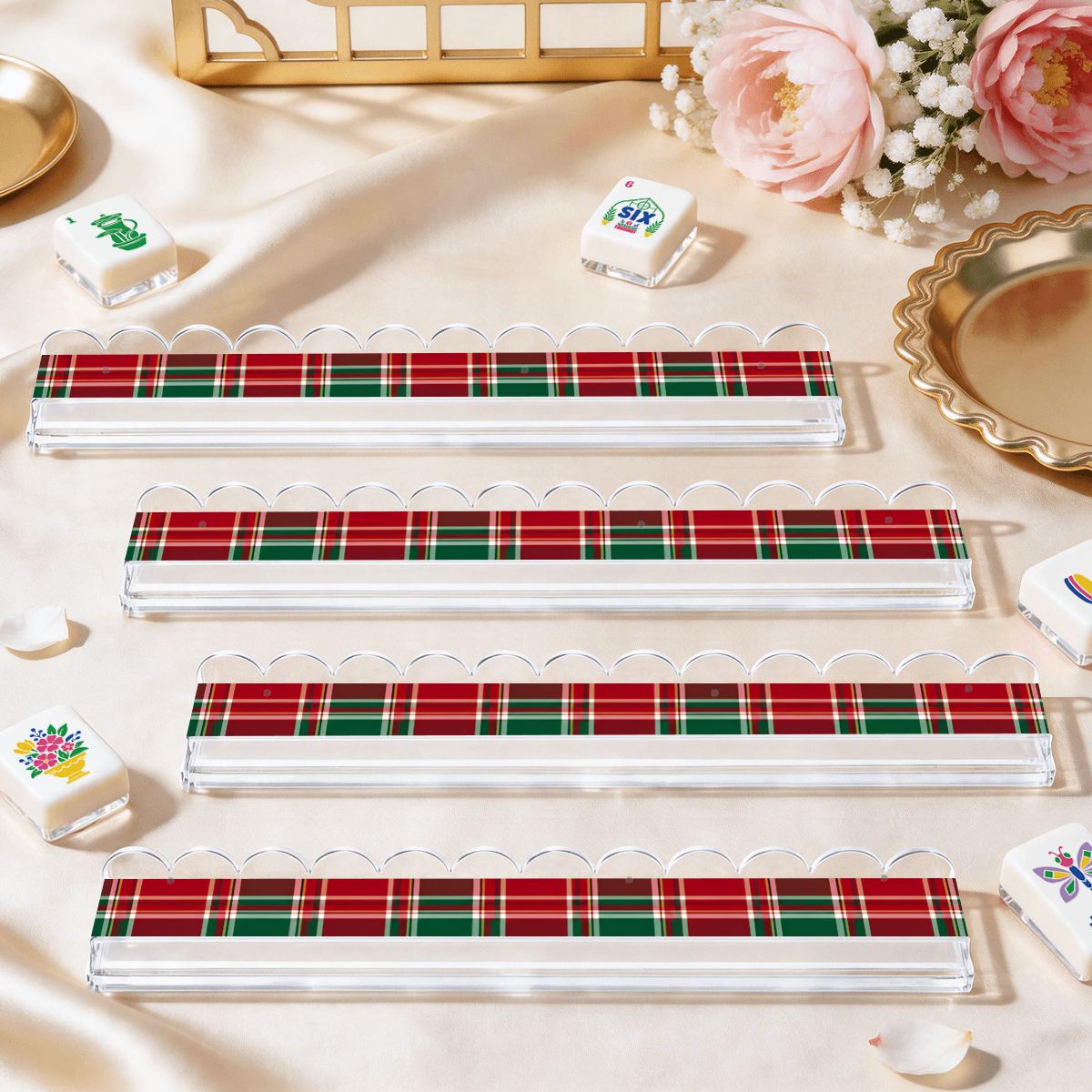 Christmas Plaid Play Extended Mahjong Rack Set of 4  Scalloped Magnetic Tile Pusher